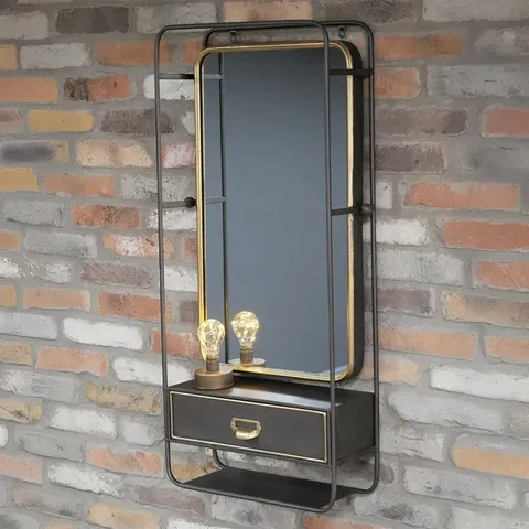 BOXED DUTCH BLACK METAL AND GOLD 1 DRAWER WALL UNIT WITH MIRROR