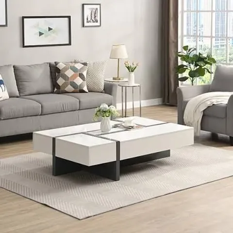 BRAND NEW BOXED STORM COFFEE TABLE IN GREY AND WHITE HIGH GLOSS WITH 4 DRAWERS (2 BOXES)