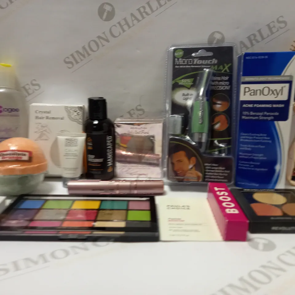 LOT OF APPROX 12 ASSORTED BEAUTY PRODUCTS TO INCLUDE MANSCAPED BALL DEODORANT, REVOLUTION EYESHADOW PALETTE, PAULA'S CHOICE PEPTIDE BOOSTER, ETC 