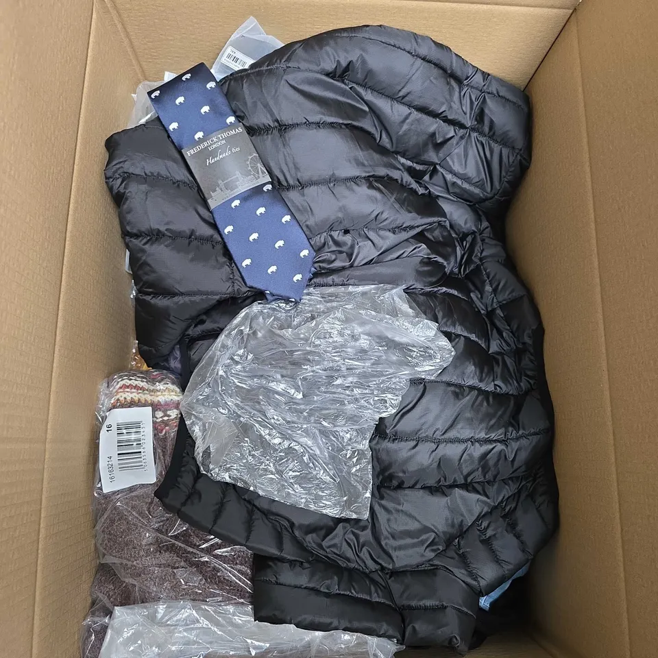 LARGE BOX OF APPROXIMATELY 20 ASSORTED CLOTHING ITEMS IN VARIOUS SIZES, STYLES AND COLOUR 