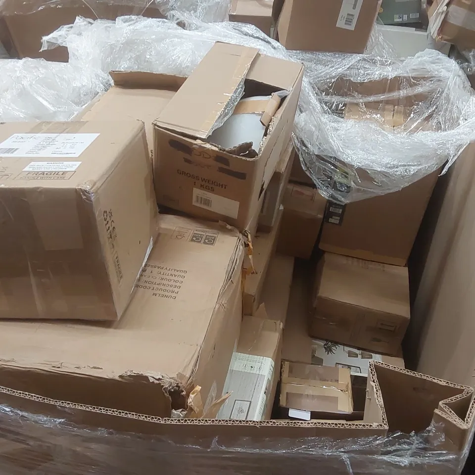PALLET TO CONTAIN A VERY LARGE QUANTITY OF DESIGNER INDOOR LIGHTING PRODUCTS TO INCLUDE: TABLE LAMP, WALL LIGHTS, CEILING LIGHTS ECT