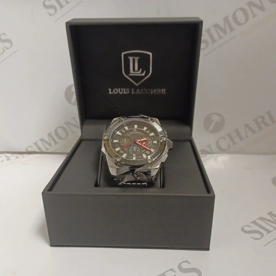 BOXED LOUIS LACOMBE MENS LUXURY CHRONOGRAPH WATCH - 3ATM WATER RESISTANT - STAINLESS STEEL - LEATHER STRAP