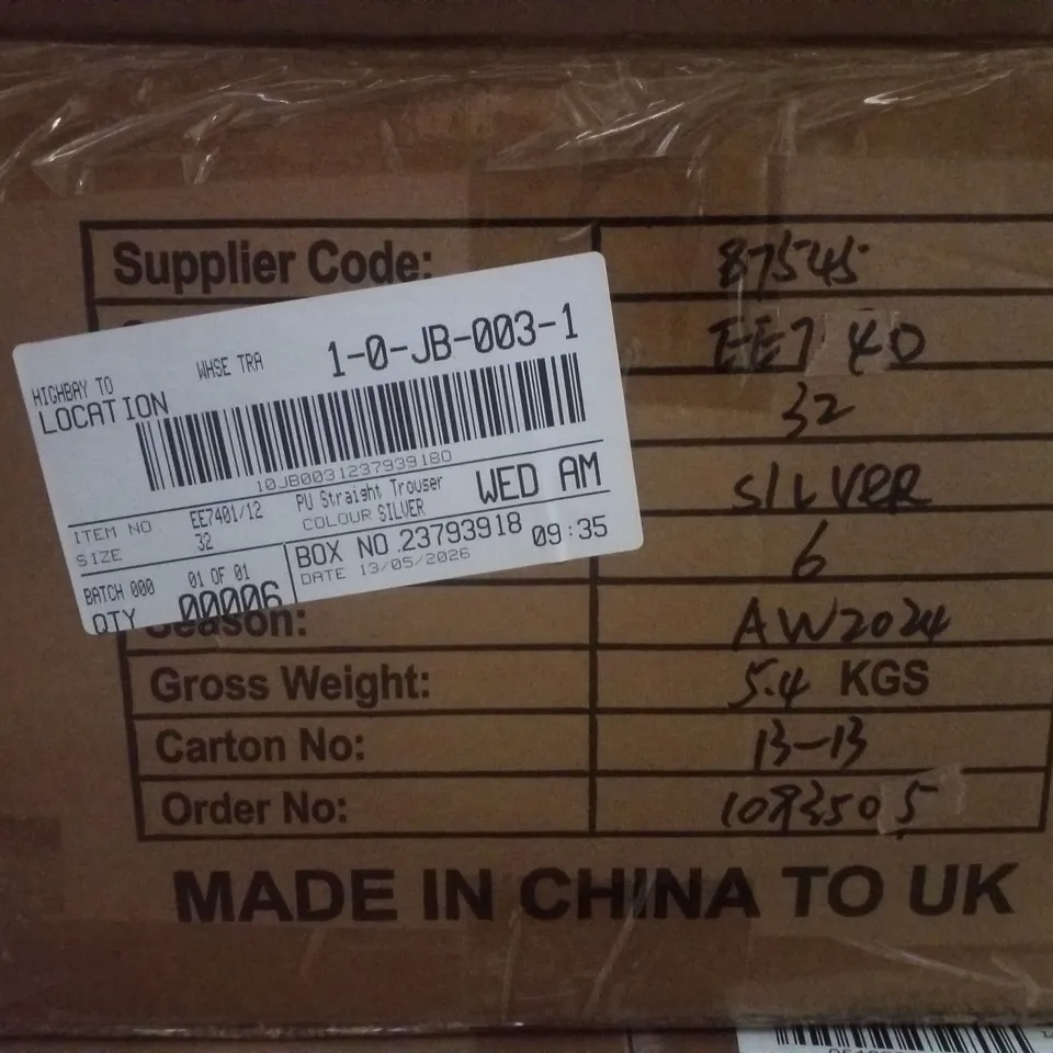 BOX CONTAINING APPROXIMATELY 6 BRAND NEW JD WILLIAMS SILVER PU STRAIGHT TROUSERS - SIZE 32