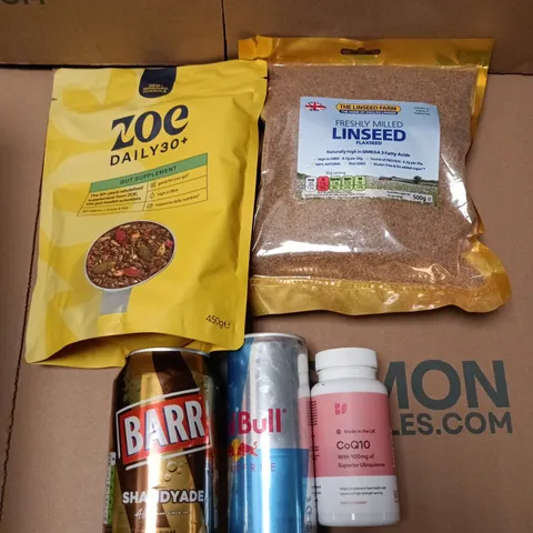 APPROXIMATELY 10 ASSORTED FOOD/DRINK PRODUCTS TO INCLUDE LINSEED, SHANDYADE, RED BULL ETC