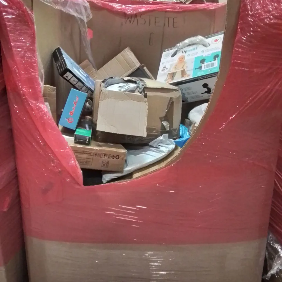 PALLET CONTAINING VARIOUS ASSORTED BOXED HOUSEHOLD ITEMS TO INCLUDE: AQUARIUM LIGHTS, BABYS UPSEAT, BIRD REPELLENT AND LOTS MORE UNMARKED BOXED ITEMS 