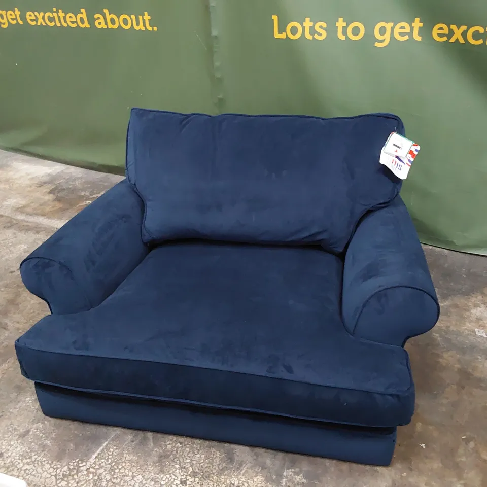 QUALITY BRITISH DESIGNER LOUNGE Co. SNUGGLE CHAIR BLUE PLUSH FABRIC 