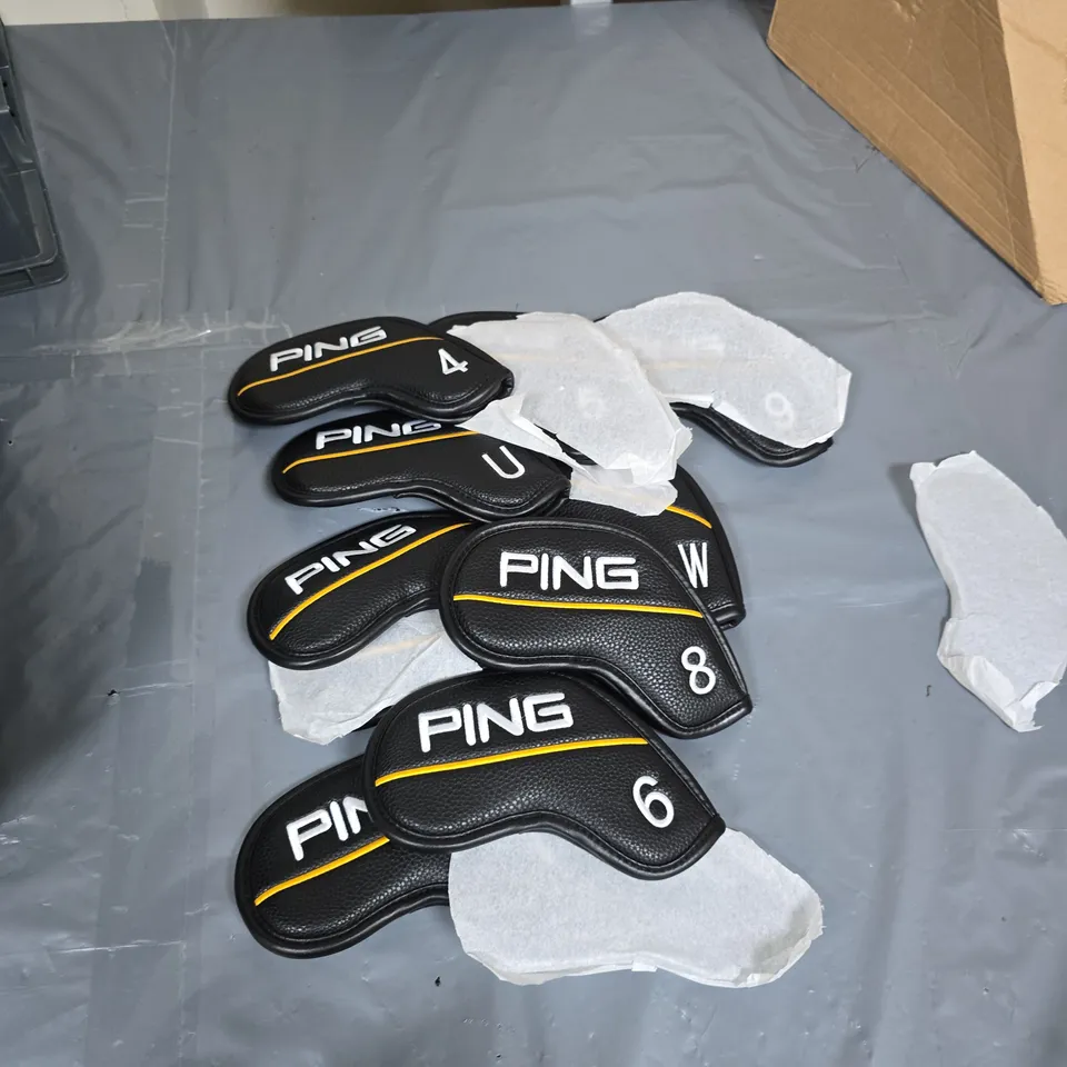 PING GOLF IRON HEADCOVERS – BLACK WITH YELLOW STRIPE (SET OF APPROX. 6)