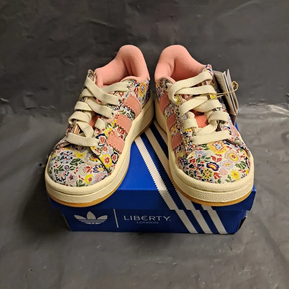 BOXED PAIR OF ADIDAS KIDS CAMPUS 00S X LIBERTY LONDON SHOES IN PINK MULTI SIZE UK 7K