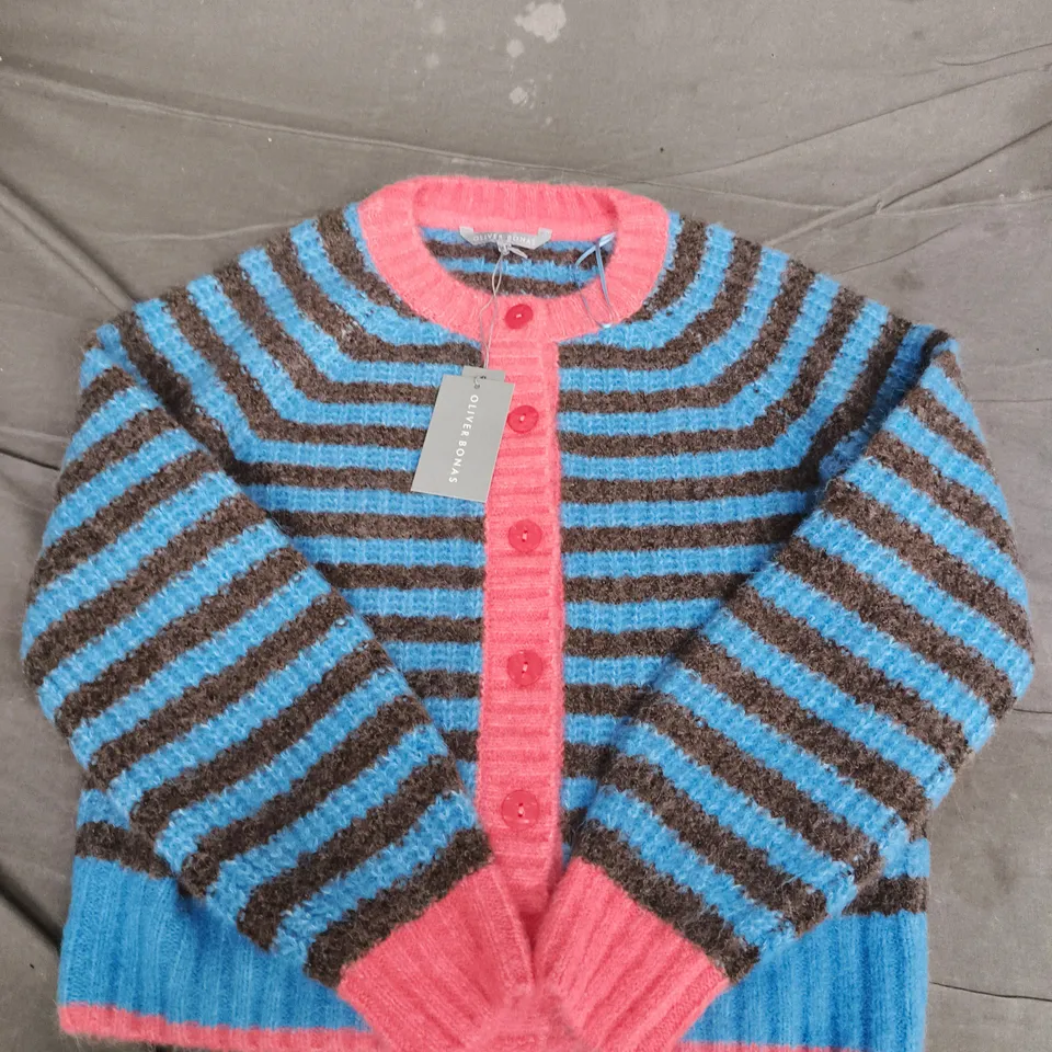 OLIVER BONAS COLOURBLOCK STRIPE CREW NECK CARDIGAN IN BLUE - SIZE 8
