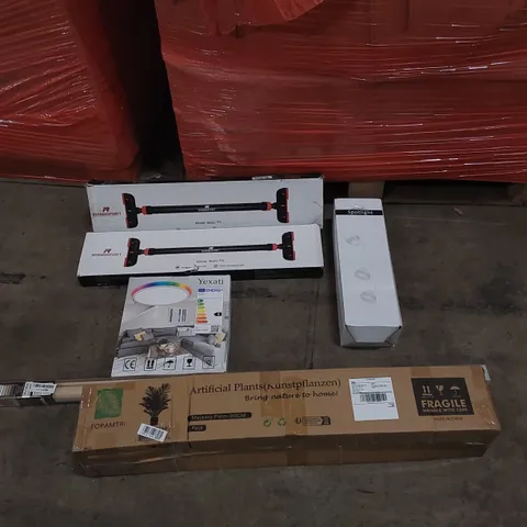 PALLET OF ASSORTED ITEMS INCLUDING: PULL UP BARS, ARTIFICIAL PLANTS, CEILING LIGHTS, ROLLER BLINDS ECT