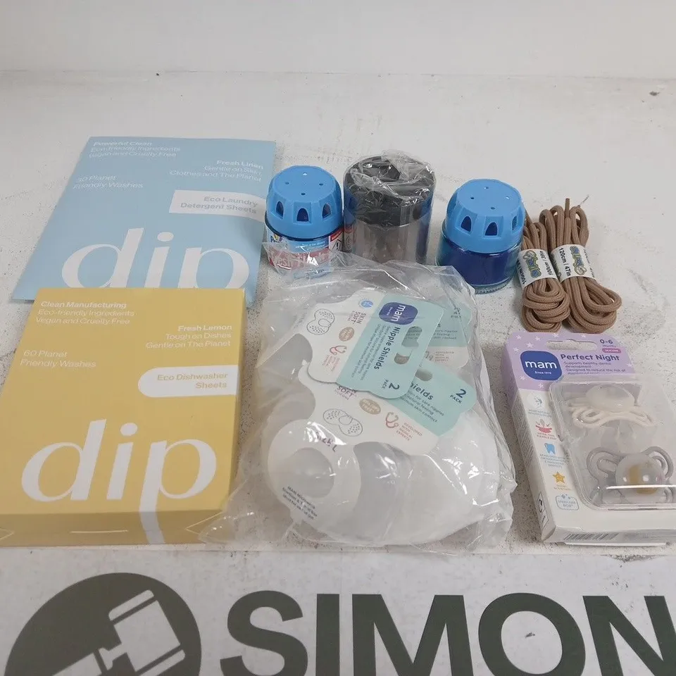 APPROXIMATELY 15 ASSORTED HOUSEHOLD PRODUCTS TO INCLUDE - DIP ECO DISHWASHER SHEETS, MAM PERFECT NIGHT DUMMIES, HAIR TIES & ACCESSORIES