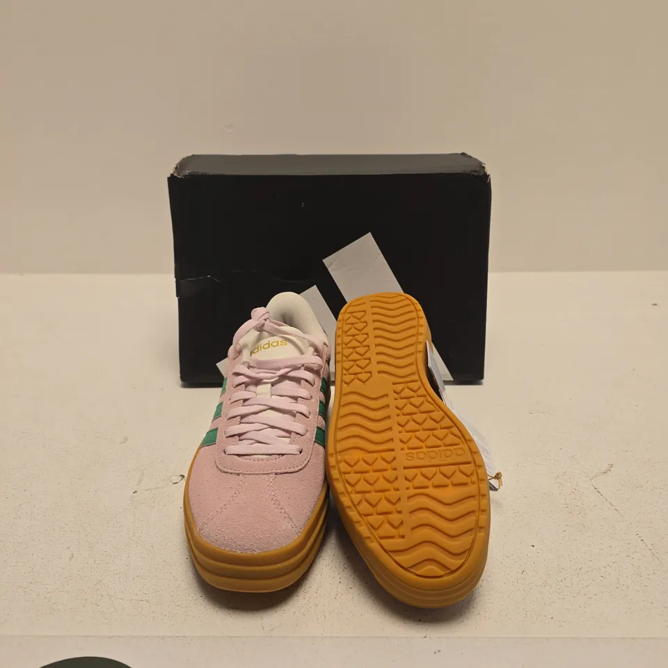 ADIDAS WOMEN'S PINK SUEDE TRAINERS WITH GREEN STRIPES – GUM SOLE SIZE UK 3.5