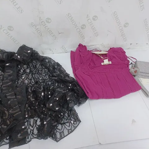 BOX OF 10 ASSORTED CLOTHING ITEMS TO INCLUDE BLACK SHEER BUTTON UP TOP, SHAPEWEAR UNDERWEAR, ETC
