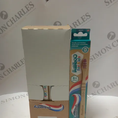 BOX OF APPROX 12 AQUAFRESH BAMBOO TOOTHBRUSHES FOR KIDS AGES 6+