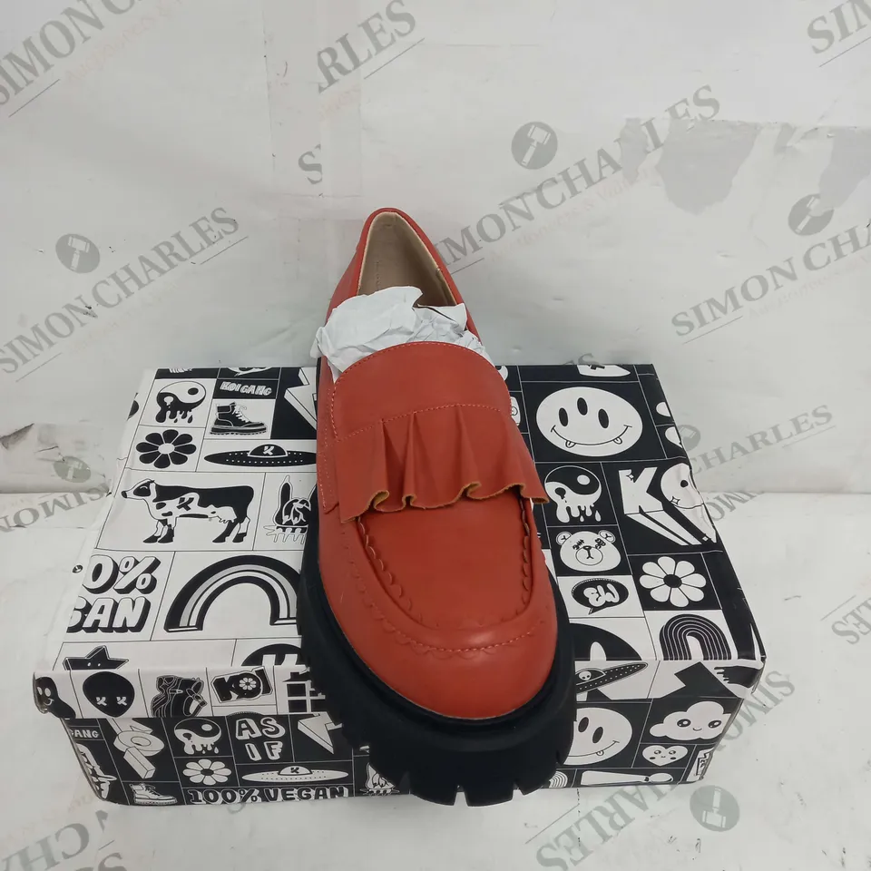 BOXED PAIR OF KOI FOOTWEAR WILLOW RUFFLE LOAFERS IN RUST - SIZE 9