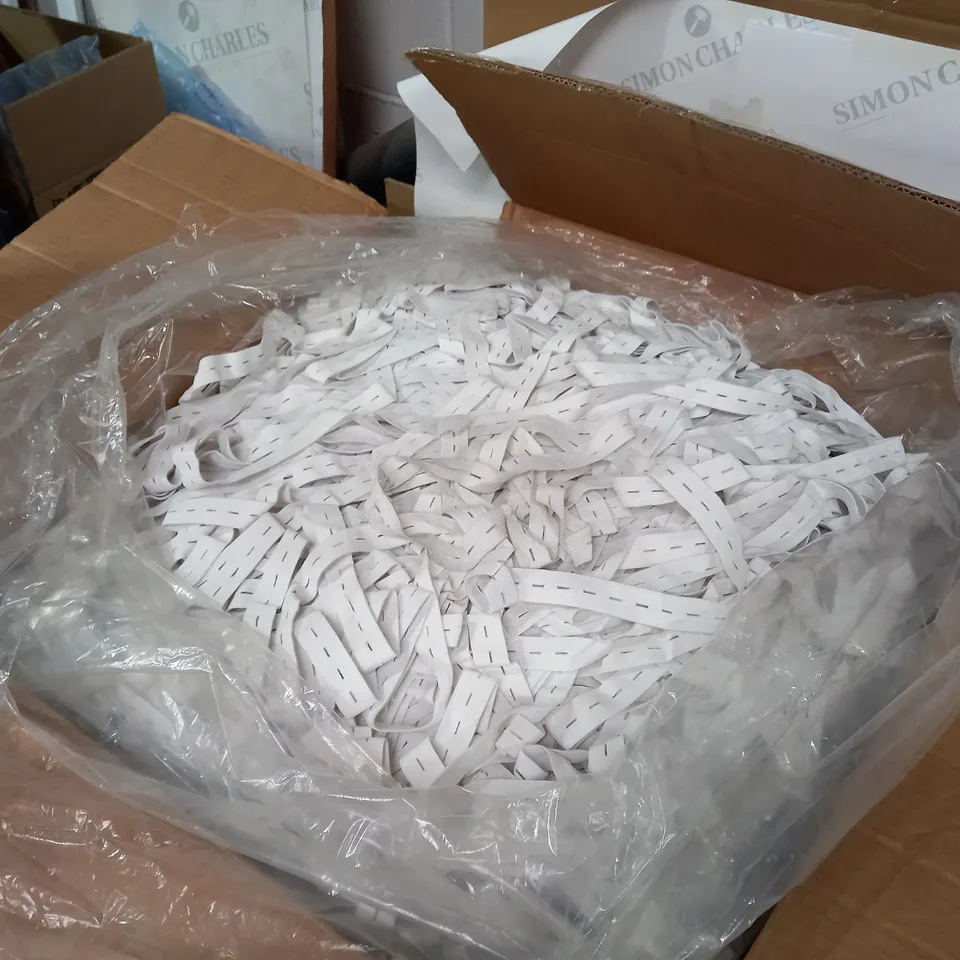 BOX OF A LARGE QUANTITY OF PLAIN WHITE WOVEN 20MM ELASTIC WITH BUTTON HOLES