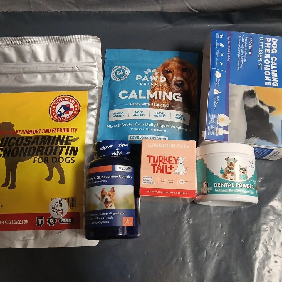 LOT OF 6 ASSORTED DOG CARE ITEMS TO INCLUDE DENTAL POWDER, LIQUID SUPPLEMENT AND TURKEY TAIL