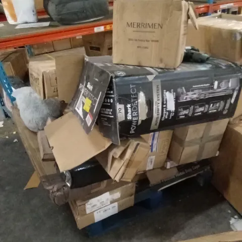 PALLET OF ASSORTED HOUSEHOLD GOODS AND PRODUCTS TO INCLUDE; HOOVER, FLATPACK FURNITURE, METAL DOG CAGE ETC