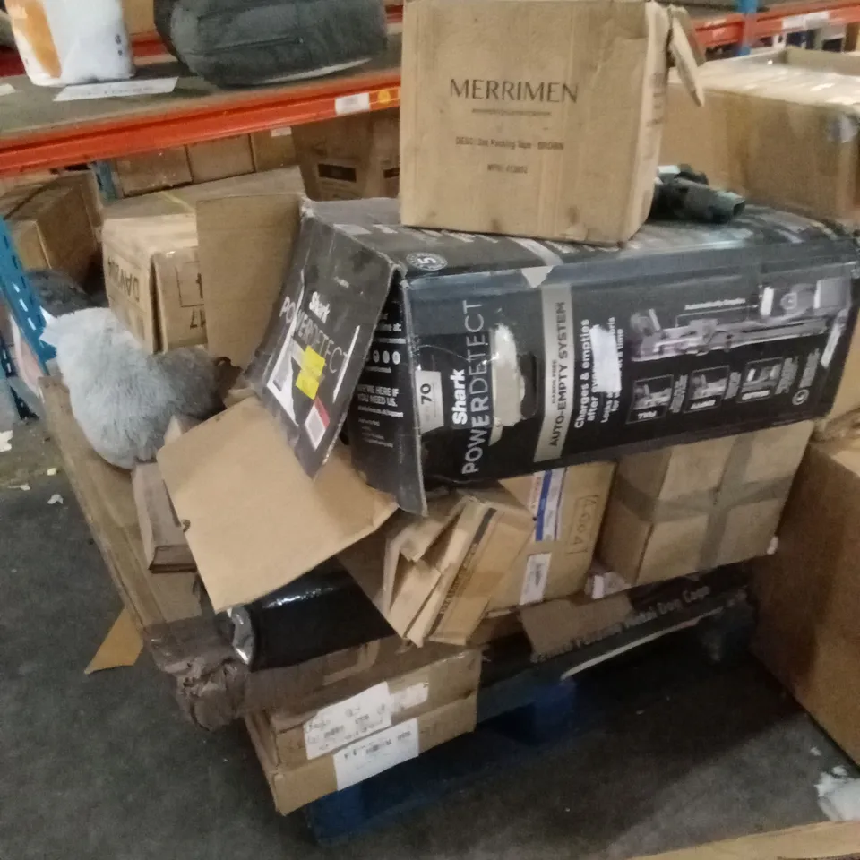 PALLET OF ASSORTED HOUSEHOLD GOODS AND PRODUCTS TO INCLUDE; HOOVER, FLATPACK FURNITURE, METAL DOG CAGE ETC