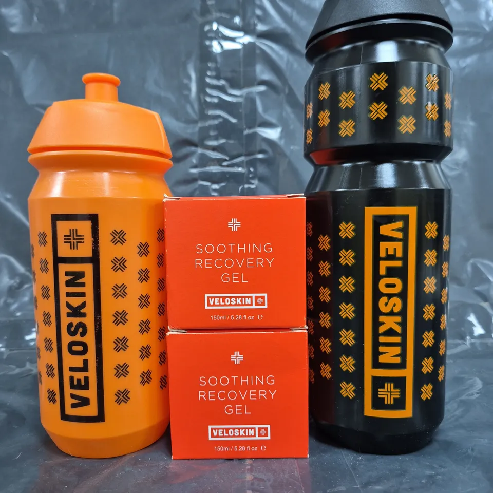 BOX OF APPROXIMATELY 30 ASSORTED HOUSEHOLD ITEMS TO INCLUDE VELOSKIN SOOTHING RECOVERY GEL, VELOSKIN WATER BOTTLE, ETC - COLLECTION ONLY