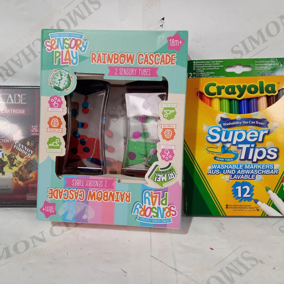 BOX OF APPROXIMATELY 10 ASSORTED TOYS AND GAMES TO INCLUDE EVERCADE MULTI GAME CARTRIDGE, SENSORY PLAY RAINBOW CASCADE, CRAYOLA SUPER TIPS, ETC