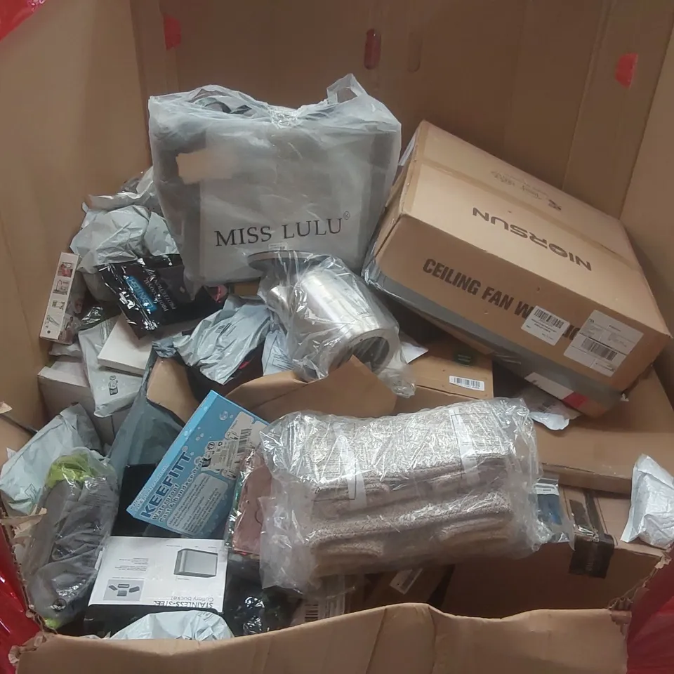 PALLET CONTAINING A LARGE QUANTITY OF ASSORTED ITEMS INCLUDING: MISS LULU BAG, CEILING FAN WITH LIGHT, KETTLE ECT