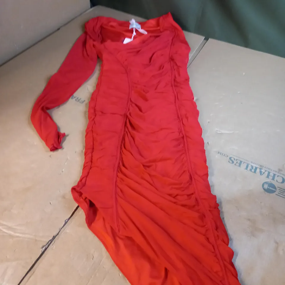 OH POLLY RED RUCHED ONE SLEEVE DRESS - SIZE 10