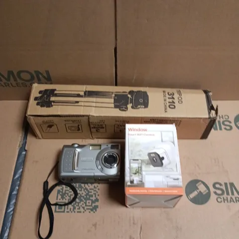 APPROXIMATELY 5 ASSORTED CAMERA PRODUCTS & ACCESSORIES TO INCLUDE TRIPOD, WIFI CAMERA, DIGITAL CAMERA ETC