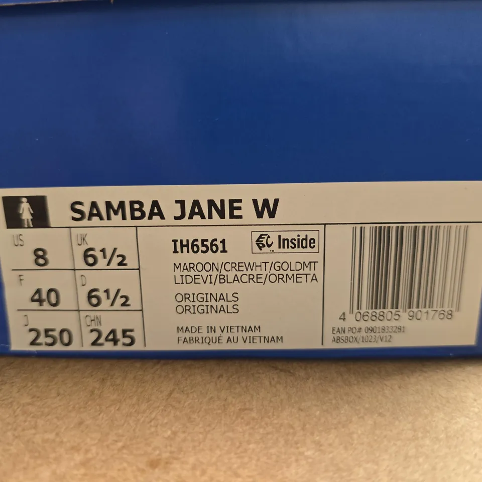 BOXED PAIR OF ADIDAS SAMBA JANE W WOMEN'S SHOES – MAROON, UK 6.5