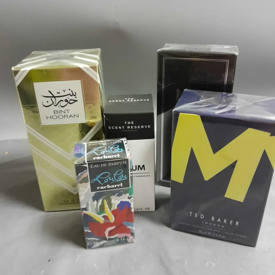 BOX OF APPROXIMATELY 5 ASSORTED BOXED FRAGRANCES TO INCLUDE - TED BAKER - LOULOU CACHAREL - FEDERICO MAHORA PURE ROYAL - ETC