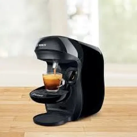 BOXED TASSIMO BY BOSCH HAPPY FRIENDLY POD COFFEE MACHINE WITH 70 DRINKS VALUE STARTER BUNDLE, TAS102EGBC - BLACK