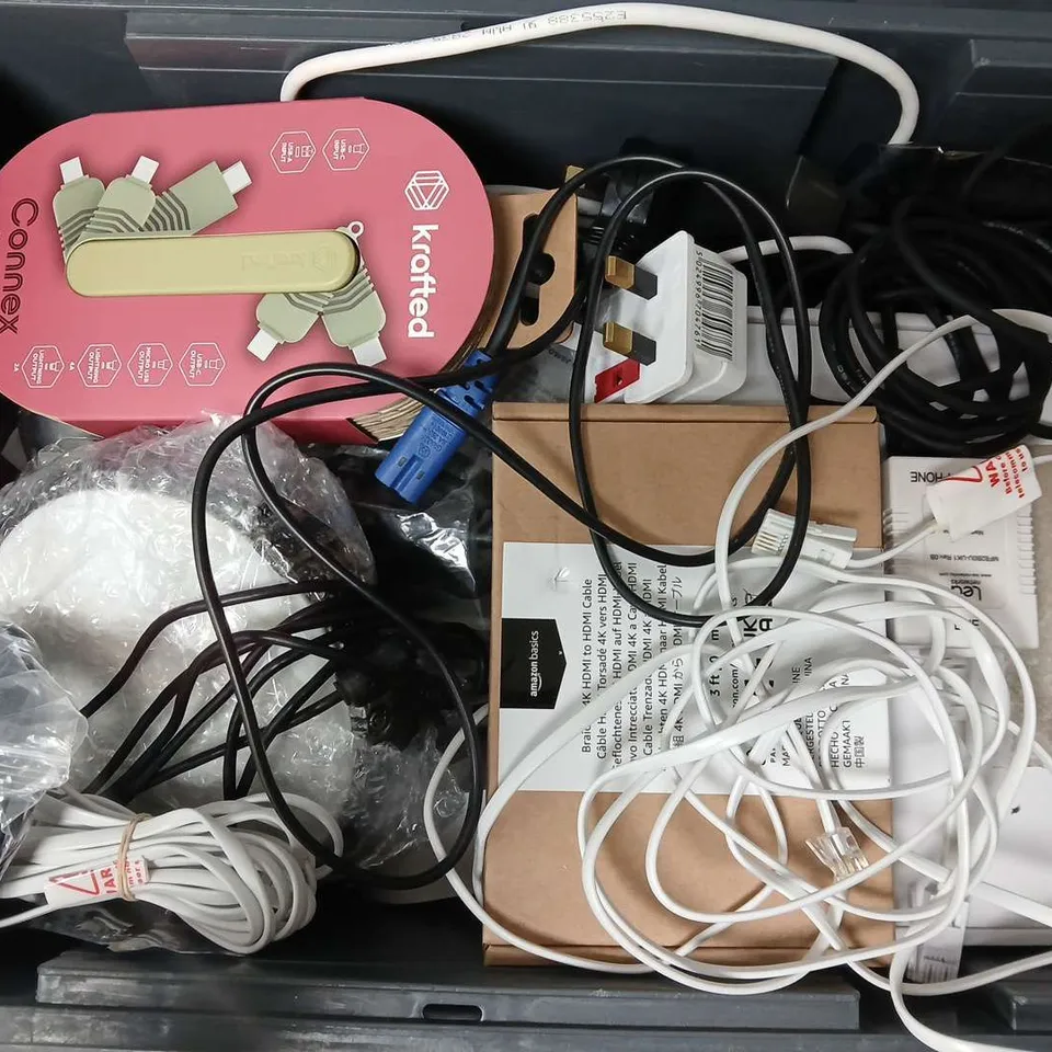 APPROXIMATELY 12 ASSORTED HOUSEHOLD ITEMS TO INCLUDE SKY BOX, HDMI CABLE, CONNEX MULTI CHARGER CONNECTOR, ETC