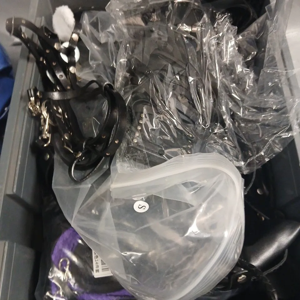 TOTE OF ASSORTED BONDAGE CLOTHING AND ACCESSORIES