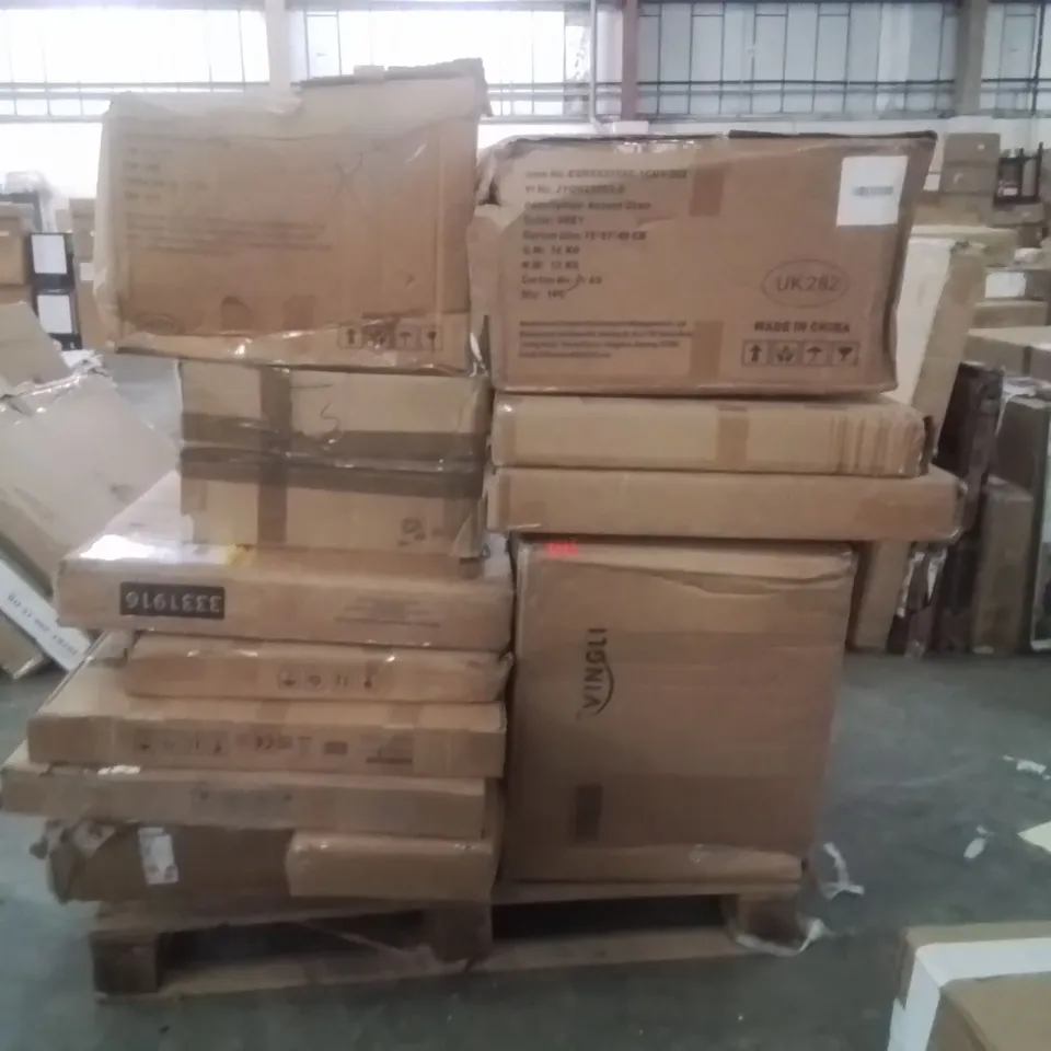 PALLET TO CONTAIN NEO PRODUCTS AND OTHER ASSORTED HOUSEHOLD GOODS TO INCLUDE;ACCENT CHAIR,STOOLS,ICE CONE MAKER,MIRROR,RADIATOR COVER 