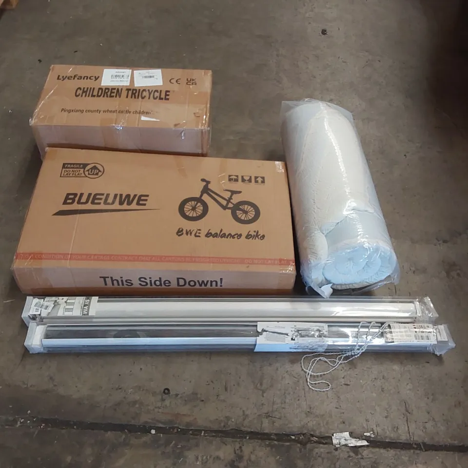 PALLET OF ASSORTED ITEMS INCLUDING: CHILDREN'S TRICYCLE, BALANCE BIKE, MATTRESS TOPPER, BLINDS ECT
