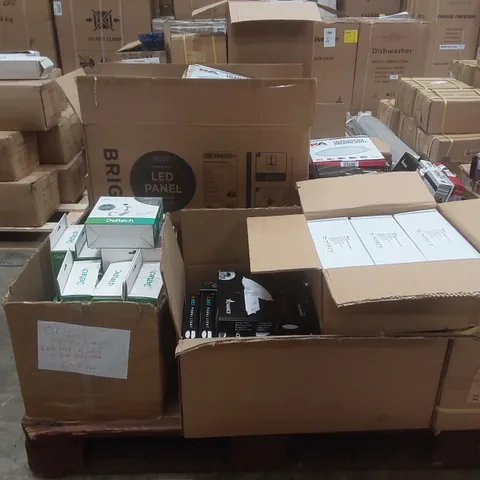 PALLET CONTAINING A VERY LARGE QUANTITY OF ASSORTED LIGHTING PRODUCTS TO INCLUDE: 18W LED RECESSED CIRCULAR ULTRASLIM DOWNLIGHTS, LED PANEL LIGHTS, LED EMERGENCY MODULES ECT