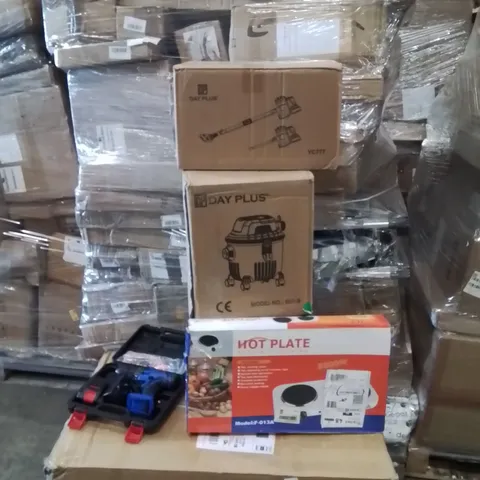 PALLET CONTAINING VARIOUS ASSORTED BOXED ITEMS TO INCLUDE: VACUUM CLEANERS, CORDLESS DRILL, EXPANDABLE HOSES, ELECTRIC HOT PLATE AND LOTS MORE UNMARKED BOXED ITEMS 