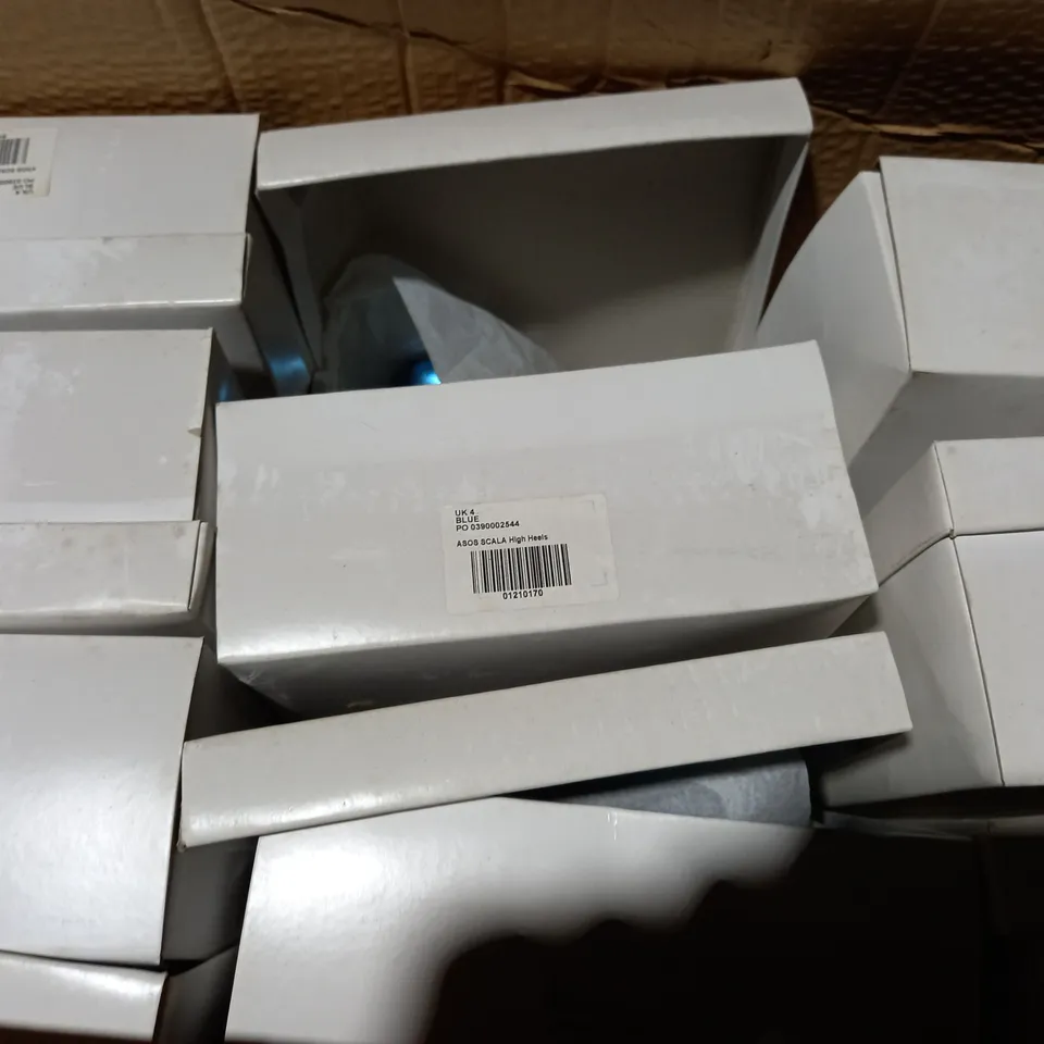 APPROXIMATELY 8 BOXED PAIRS OF ASOS SCALA HIGH HEELS IN BLUE SIZE 4