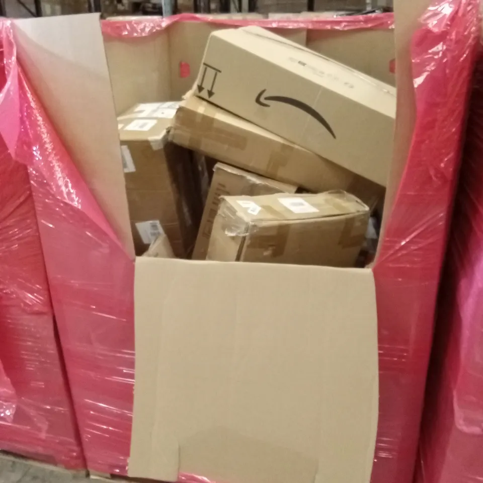PALLET OF ASSORTED HOUSEHOLD GOODS & PRODUCTS TO INCLUDE; COMPUTER CASE, GAMING KEYBOARD, COMPUTER MONITOR, TV FLOOR STAND ETC