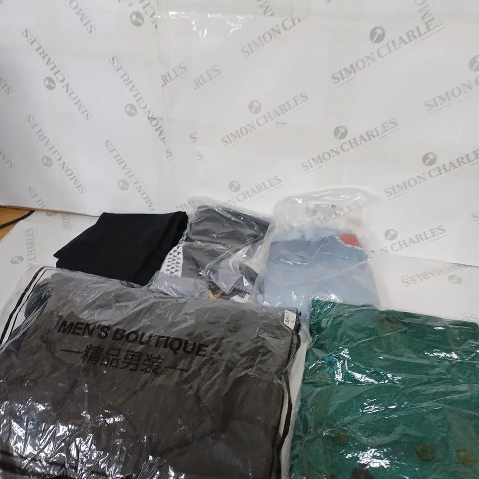LARGE BOX OF ASSORTED CLOTHING ITEMS IN VARIOUS COLOURS AND SIZES INCLUDING TROUSERS , TOPS AND JUMPERS 