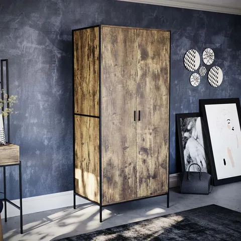BOXED OSCAR 2 DOOR INDUSTRIAL WARDROBE WITH STORAGE SHELF, HANGING RAIL & SOLID METAL FRAME