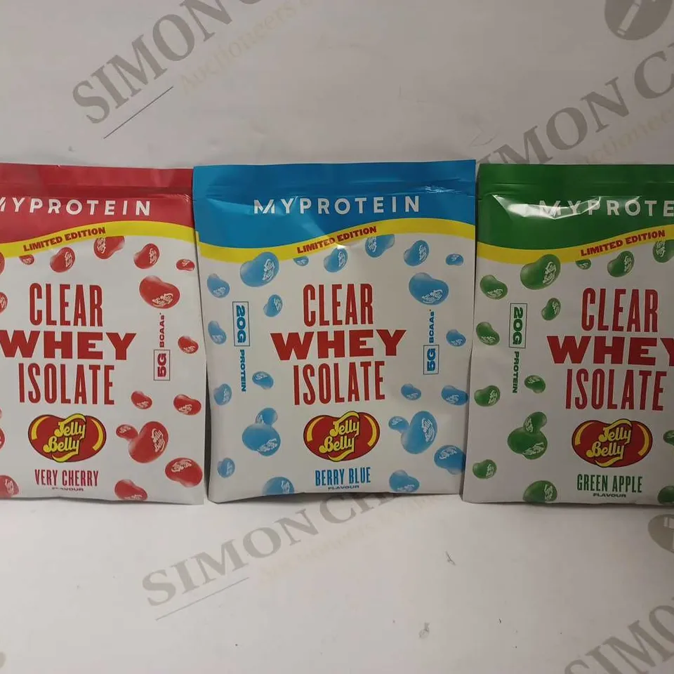 LOT OF 54 MYPROTEIN CLEAR WHEY ISOLATE 'JELLYBELLY' POWDERS - 54x24g (18 VERY CHERRY, 18 GREEN APPLE, 18 BERRY BLUE)