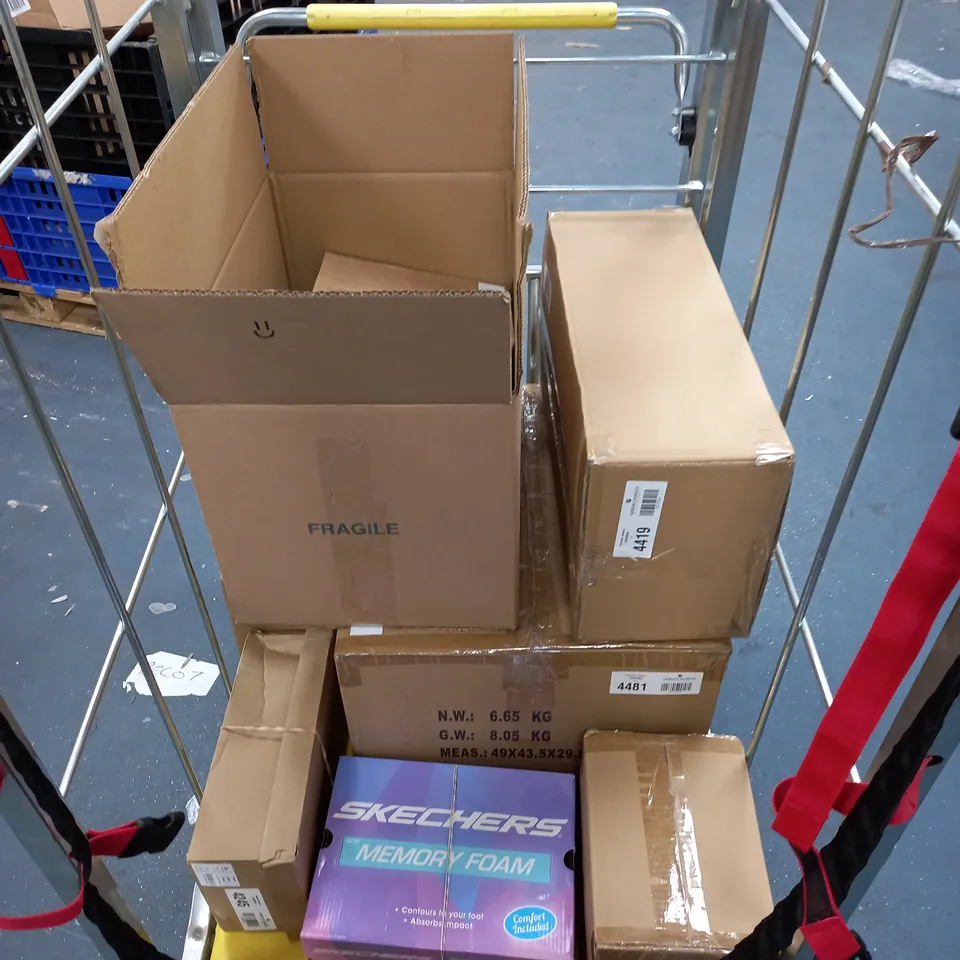 CAGE OF ASSORTED HOUSEHOLD CRUSHED VELVET SET OF 2 OXFORD PILLOWCASES, SKINSENSE PURIFYING DOUBLE CLEANSE, MP CURVE SHORTS, AND KWD BLUE TRACKSUIT ETC.