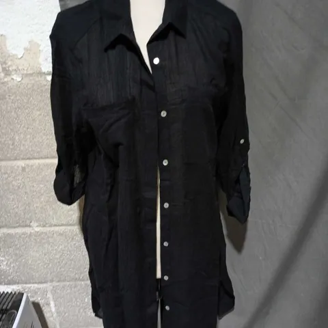 SEAFOLLY AUSTRALIA BLACK CRINKLE BUTTON-FRONT LONG SHIRT - SIZE S