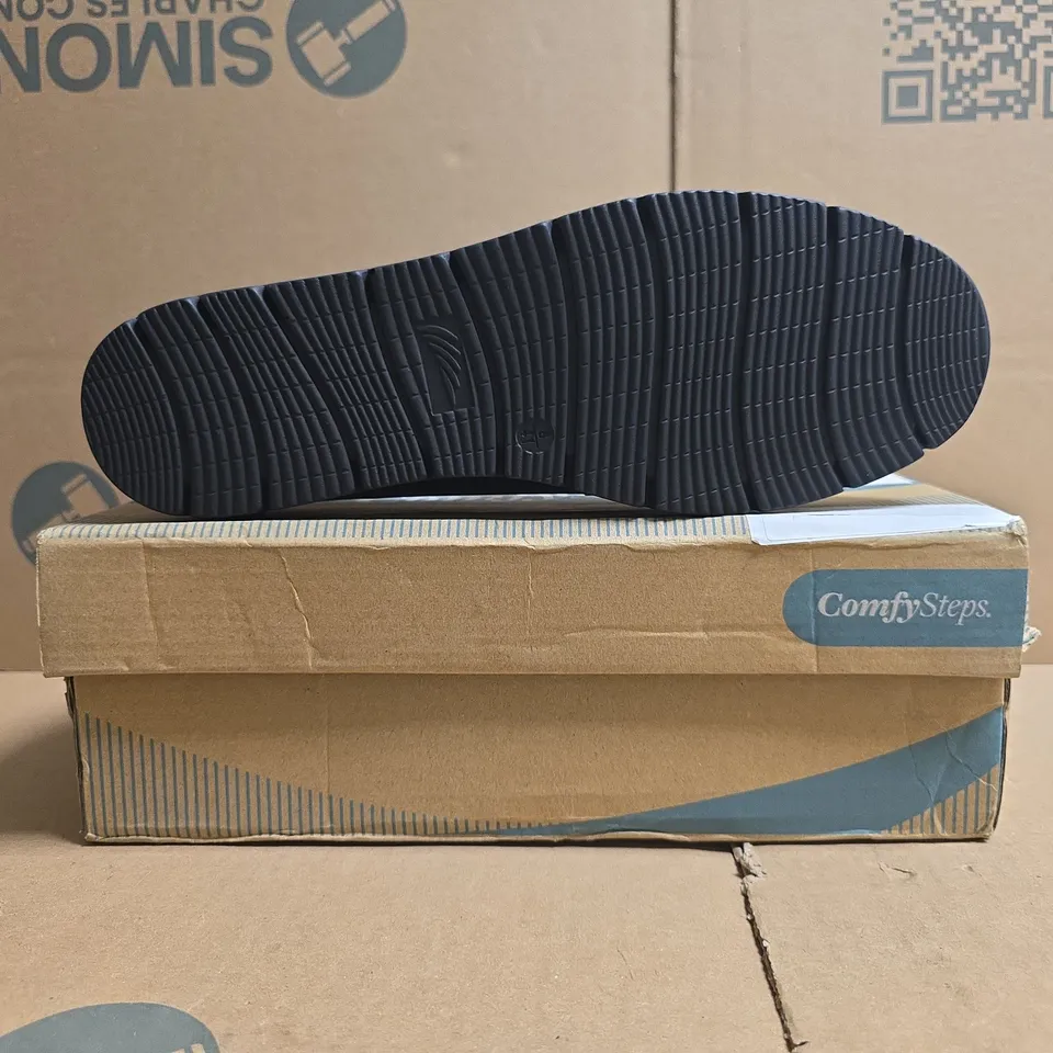 BOXED PAIR OF COMFY STEPS WEDGE LOAFERS IN NAVY SIZE 8