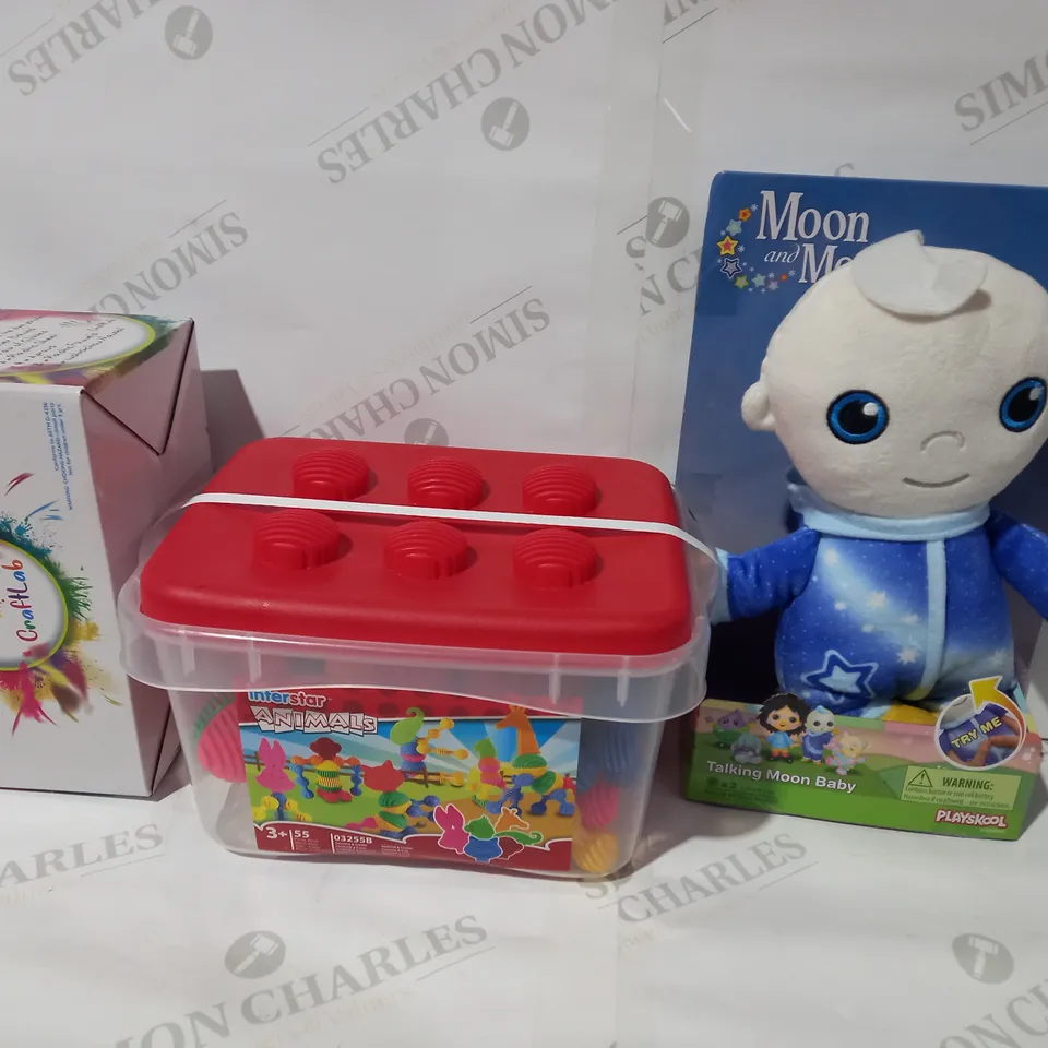 BOX OF APPROXIMATELY 10 ASSORTED TOYS AND GAMES TO INCLUDE CRAFTLAB TIE DYE KIT, INTERSTAR ANIMALS, MOON AND ME TALKING MOON BABY, ETC