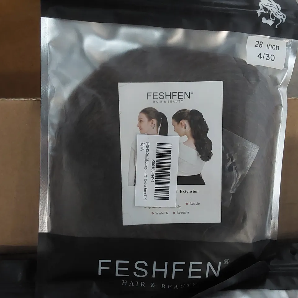 BOX CONTAINING APPROXIMATELY 40 FESHFEN PONYTAIL EXTENSIONS - DARK BROWN