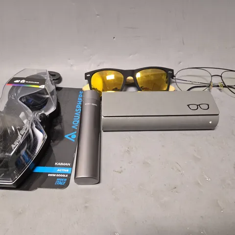 APPROXIMATELY 15 ASSORTED VISION CARE ITEMS TO INCLUDE -GOGGLES ,SUN GLASSES , CARRY CASES ETC