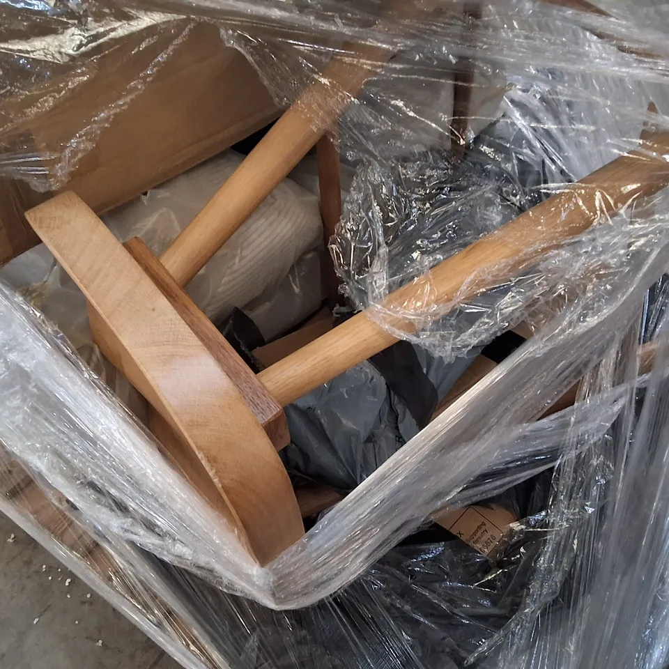 PALLET OF ASSORTED FURNITURE PARTS AND ITEMS TO INCLUDE WOODEN STOOL AND TABLE, SOFA PARTS AND DINING TABLE TOP