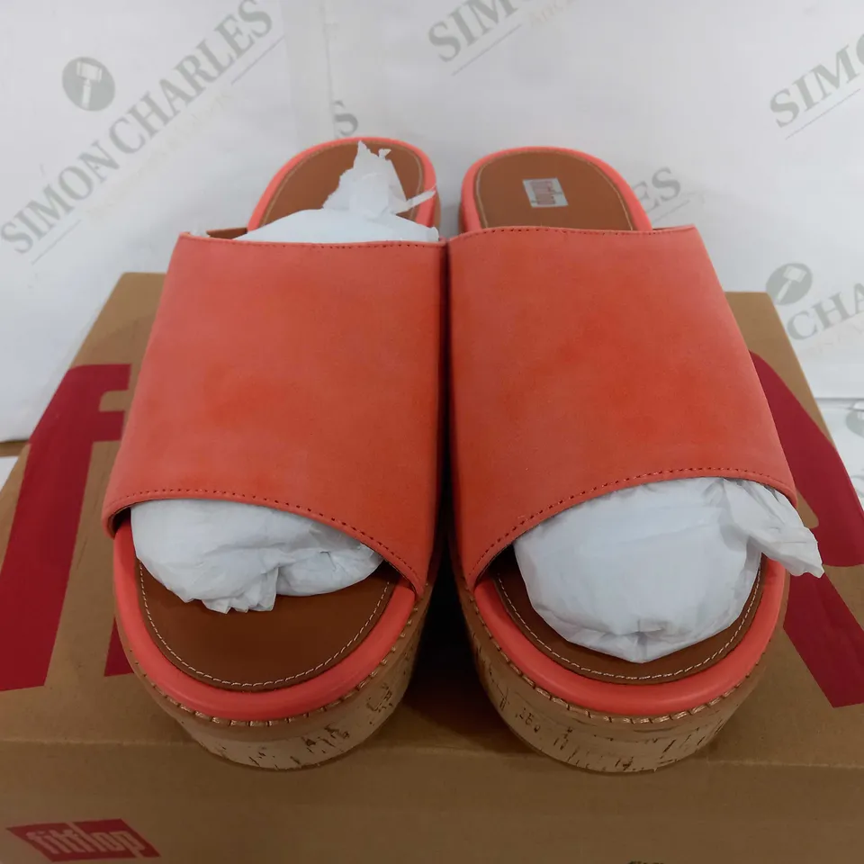 BOXED PAIR OF FITFLOP ELOISE CORK-WRAP SUEDE WEDGE SLIDES - SUNSHINE CORAL - UK 9